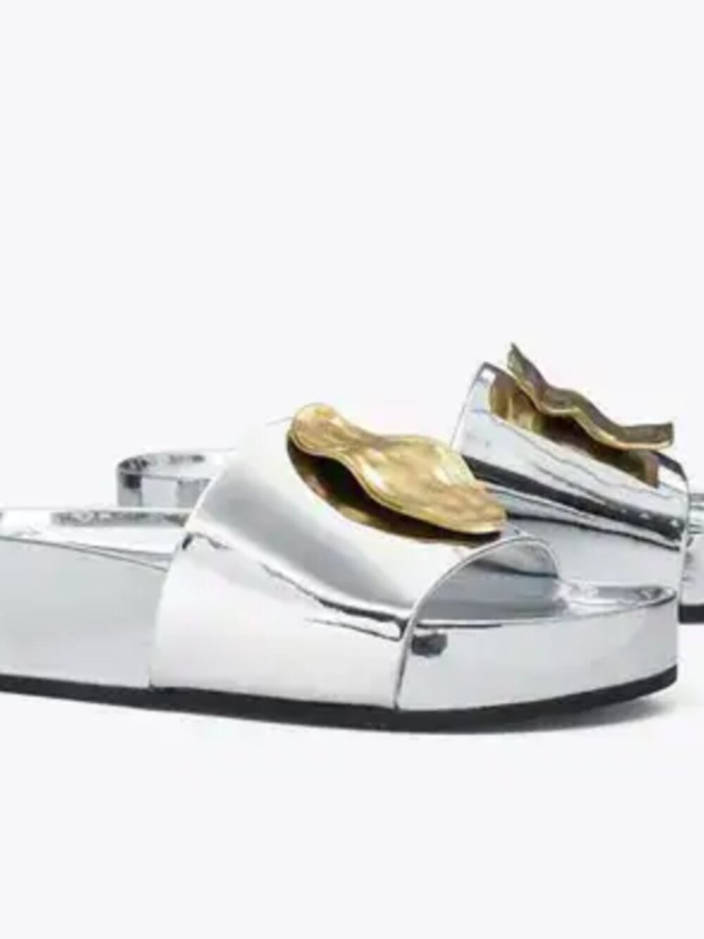 Tory Burch Patos Mismatched Hammered Platform Slides Silver Gold Size 8